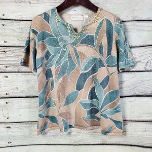 Alfred Dunner Women's XL Beaded V-Neck Leaf Print Glitter Knit Top Short Sleeve